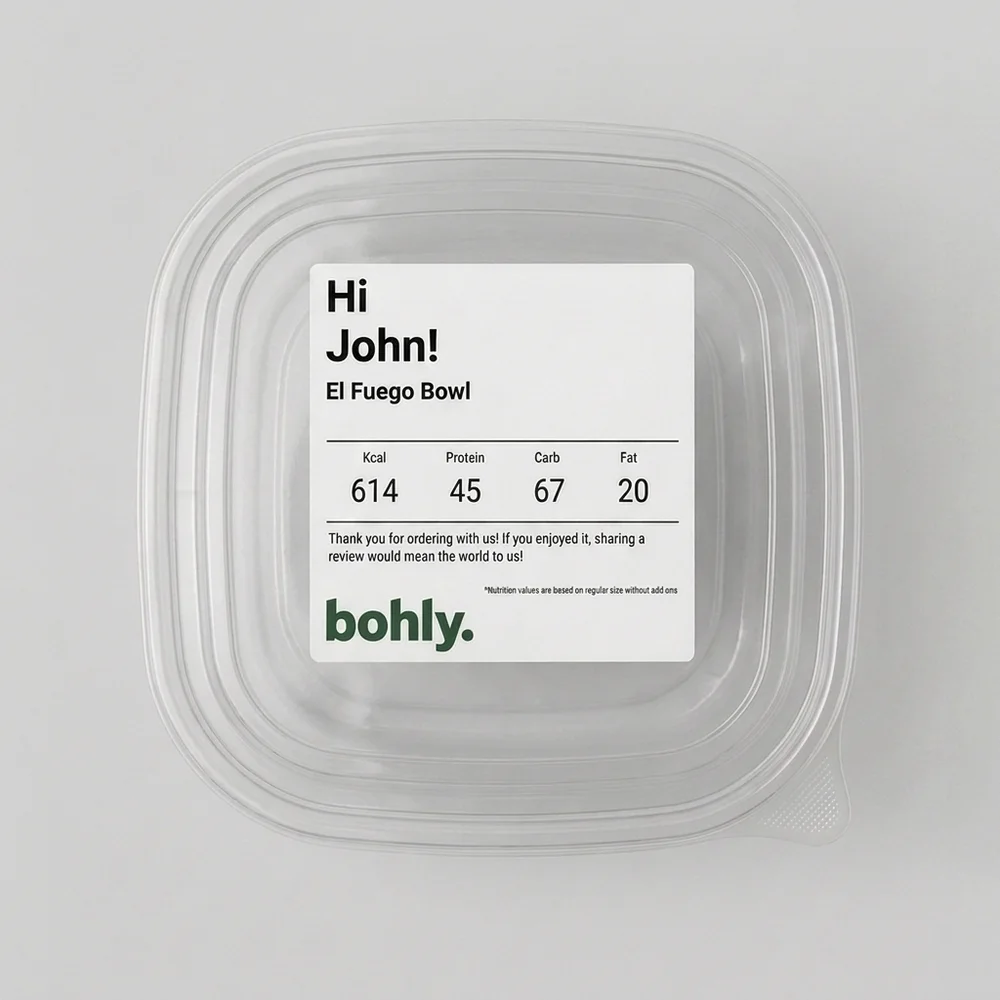 bohly El Fuego Bowl nutrition sticker on the container lid: 614 kcal, 45g protein, 67g carbs, 20g fat